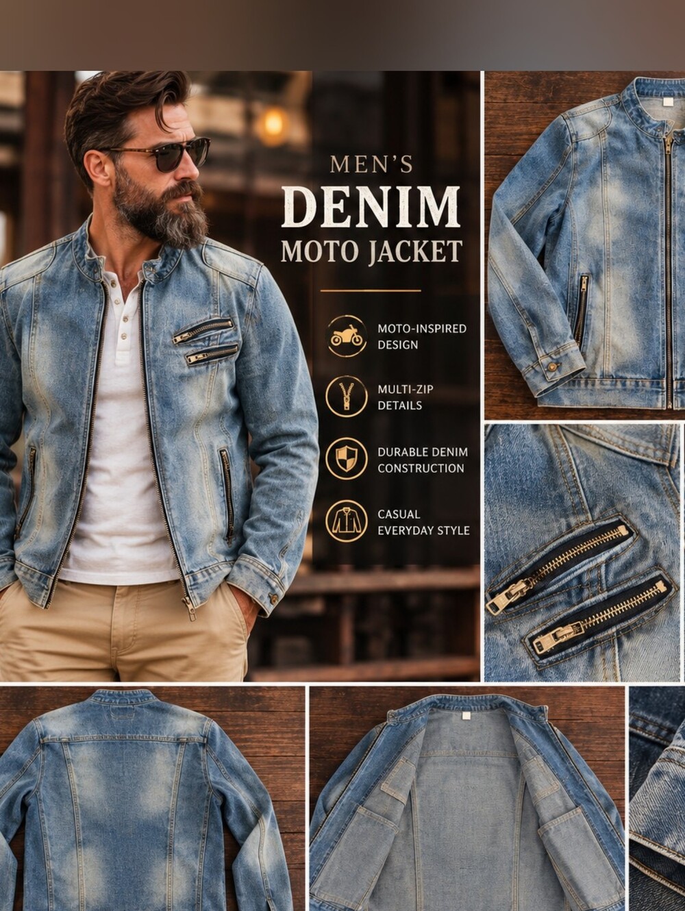 🔥 NEW / NEVER WORN 3XL Washed Denim Moto Racer Jacket – Heavy Zipper Hardware